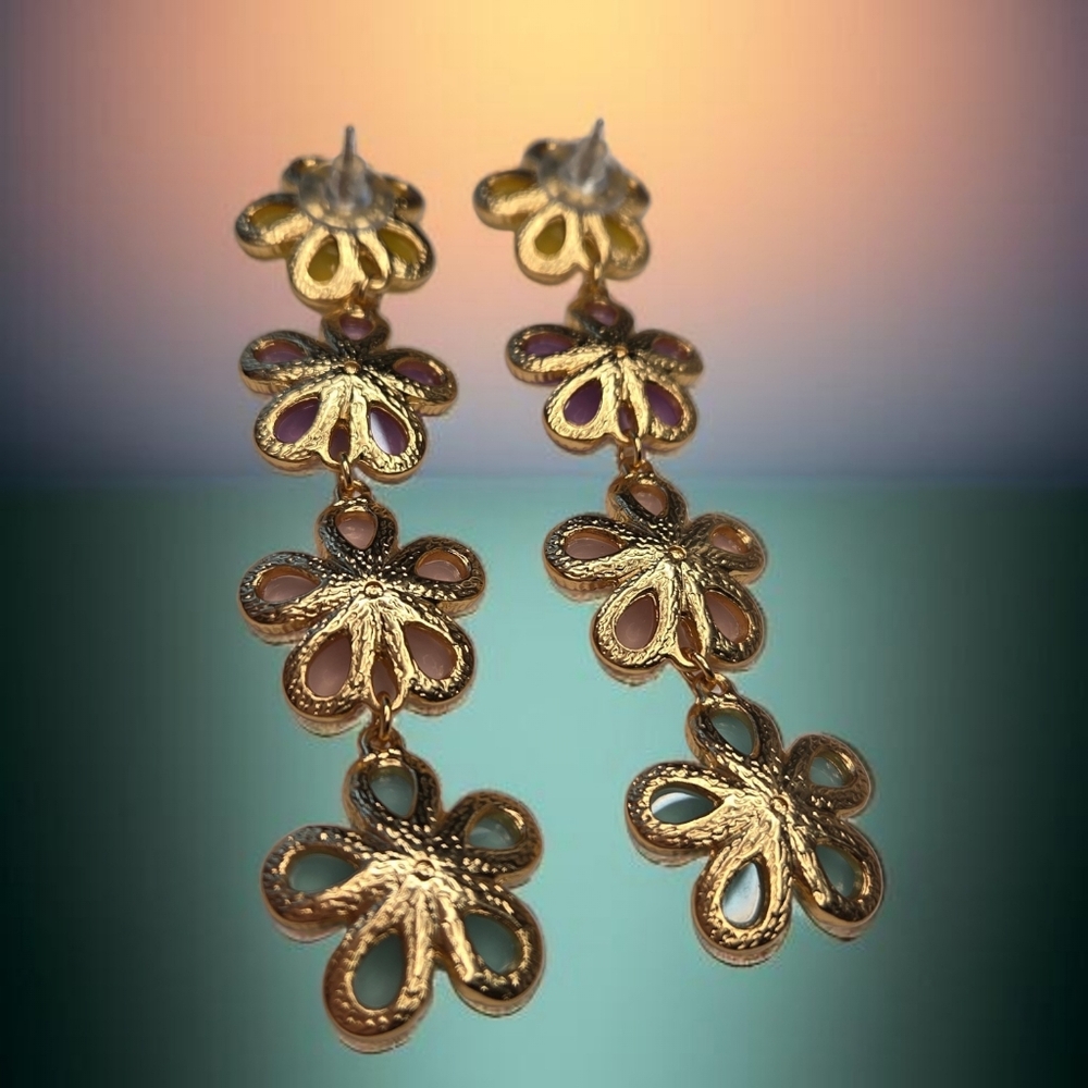 18k Gold Plated Pastel Cabochon Crystal Spring Flower Earrings - Picture 4 of 6